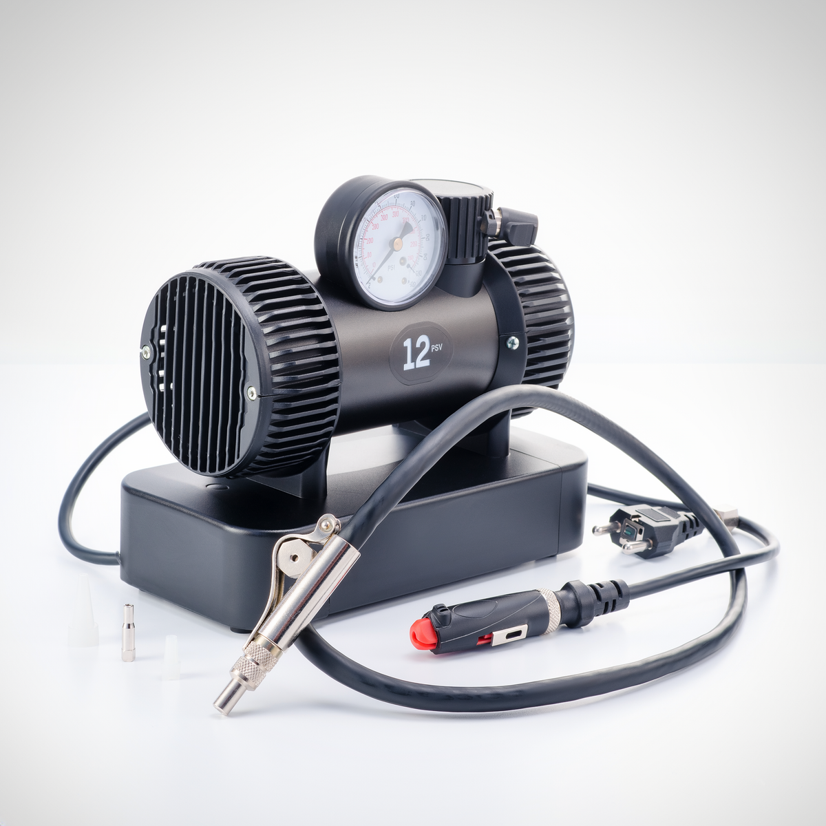 300 PSI 12V portable car tyre inflator with analog pressure gauge