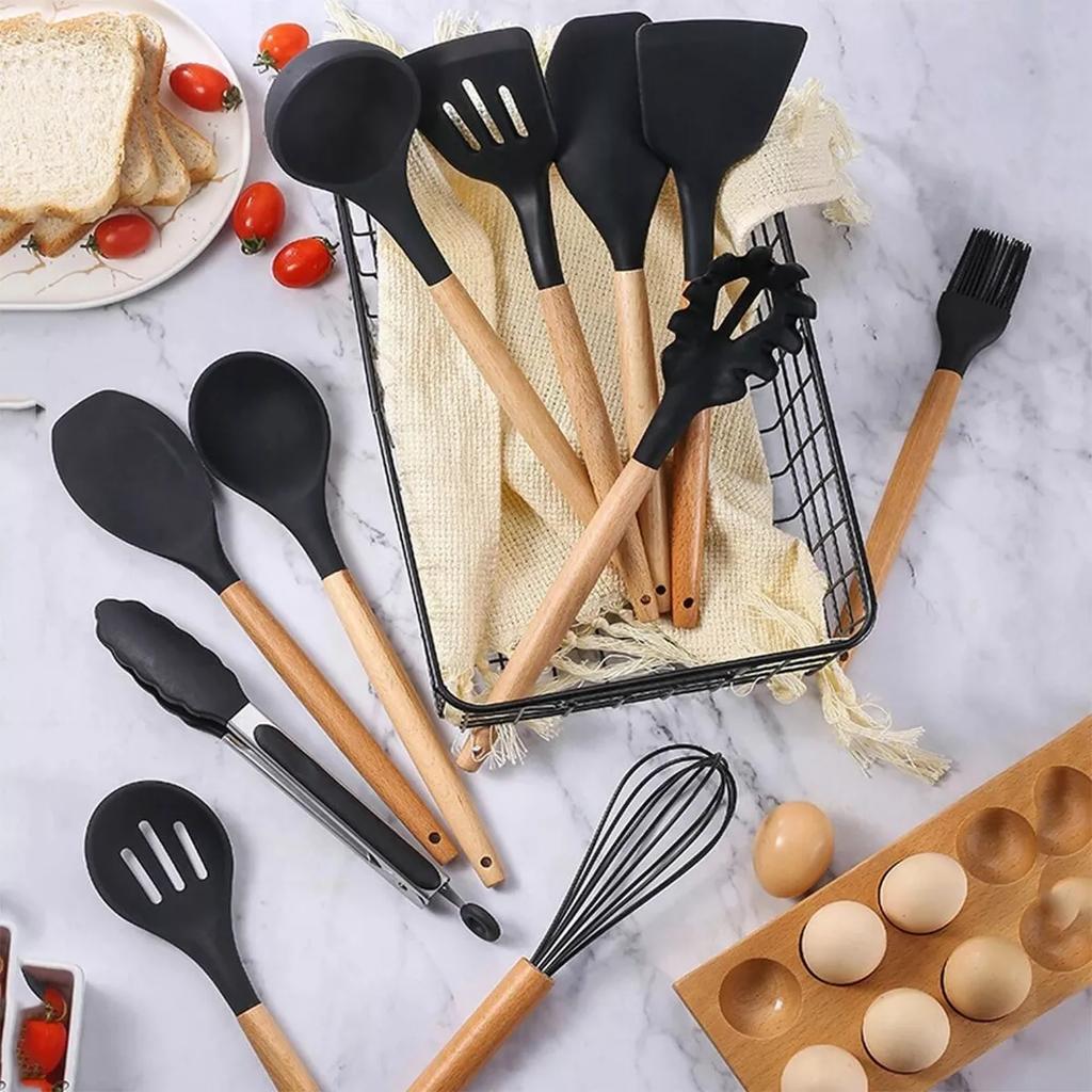 12-Piece Silicone Kitchen Utensil Set with Wooden Handles