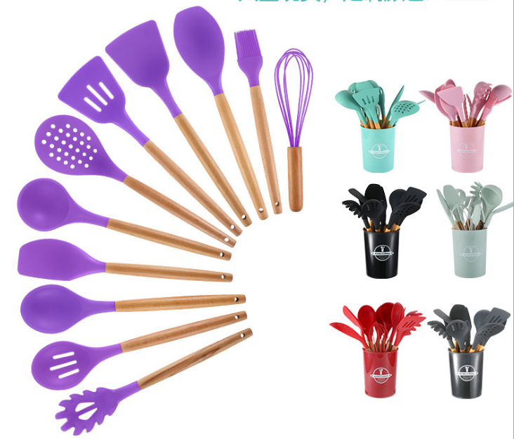 12-Piece Silicone Kitchen Utensil Set with Wooden Handles