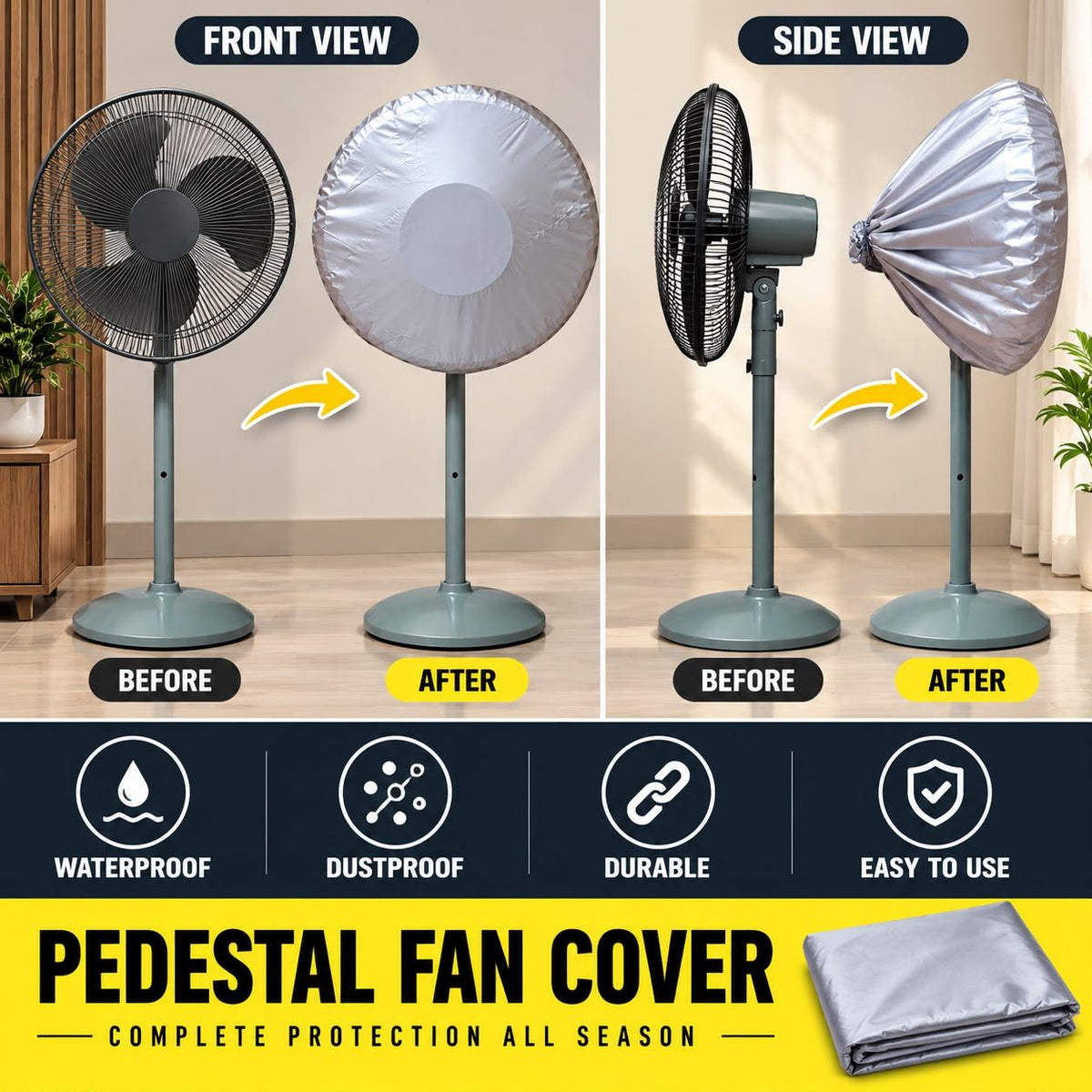 Pedestal fan cover before and after