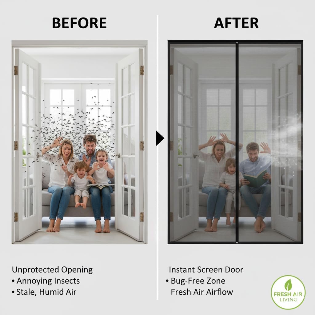 Magic Mesh Deluxe- Hands Free Magnetic Screen Door, Mesh Curtain Keeps Bugs Out