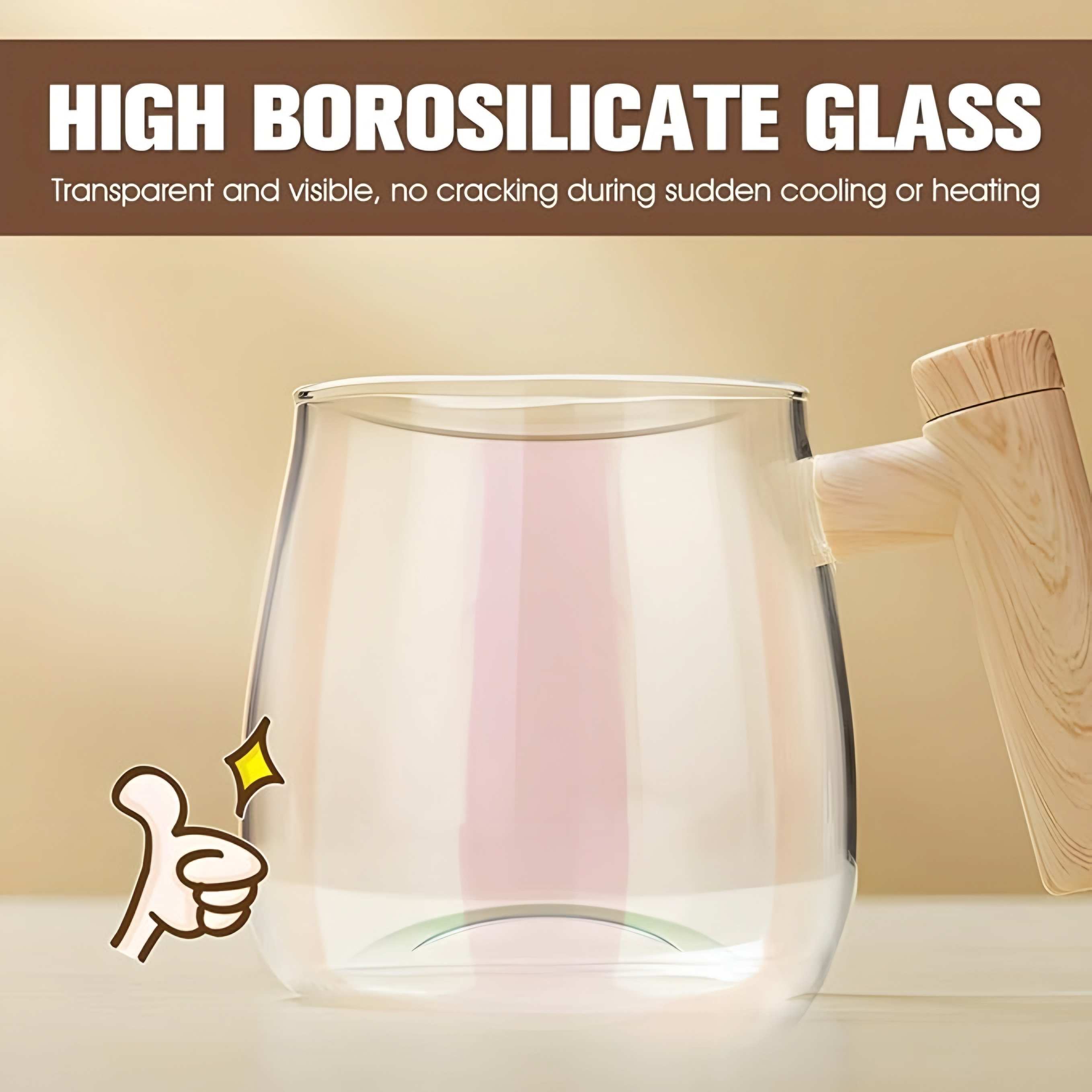 Clear glass mug with wooden handle on a beige background, highlighting high borosilicate glass properties.