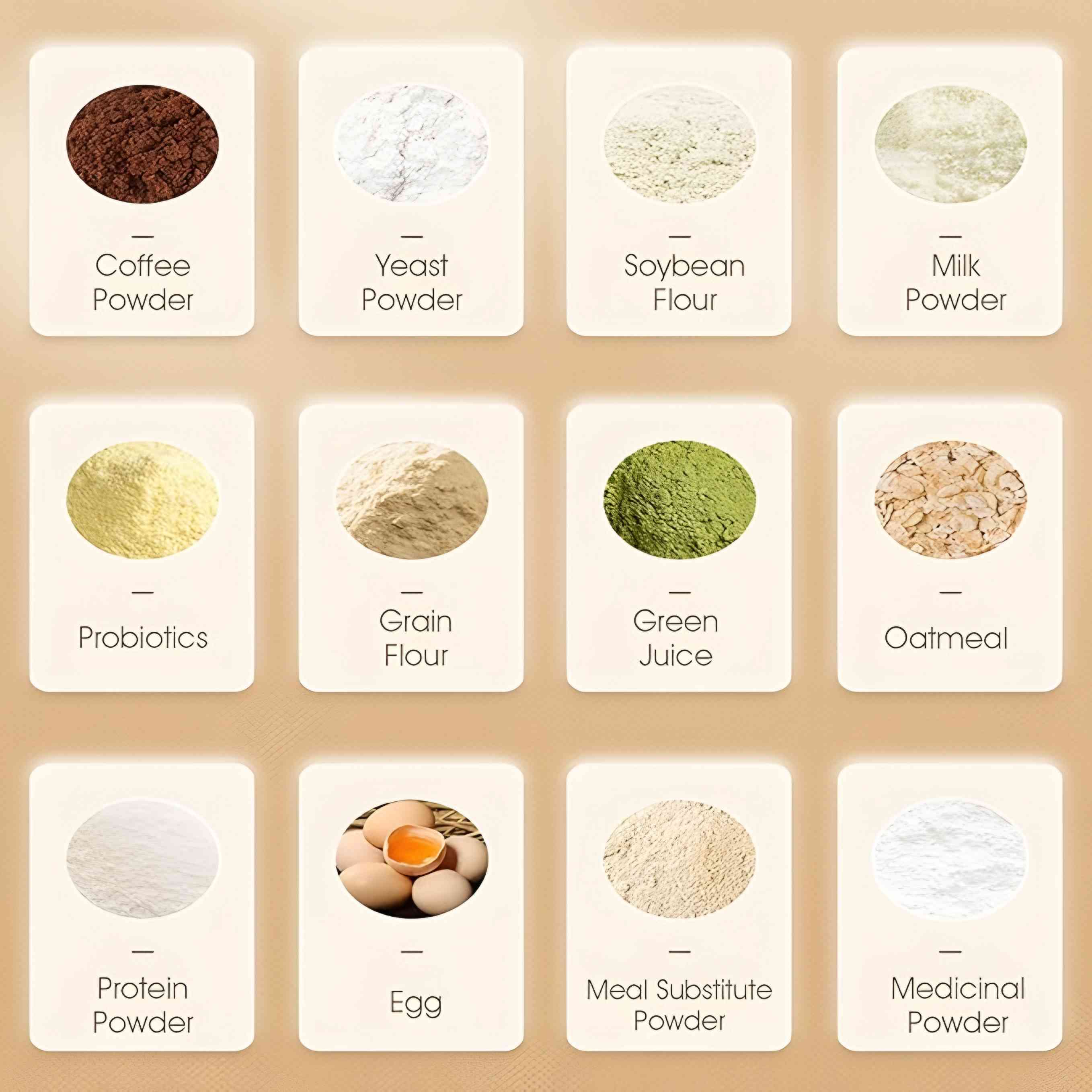 Assorted powders displayed on a beige background with labels underneath.