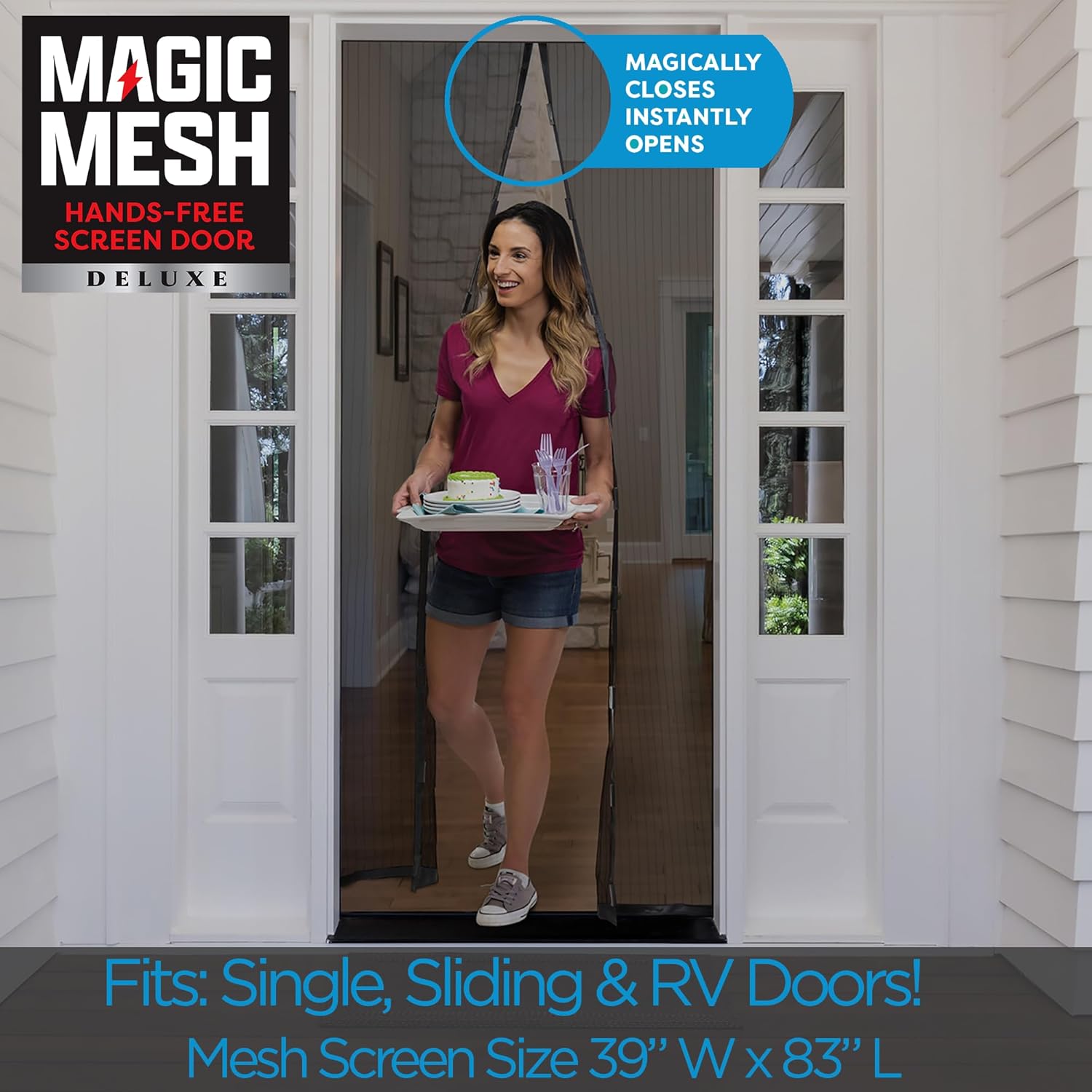 Magic Mesh Deluxe- Hands Free Magnetic Screen Door, Mesh Curtain Keeps Bugs Out