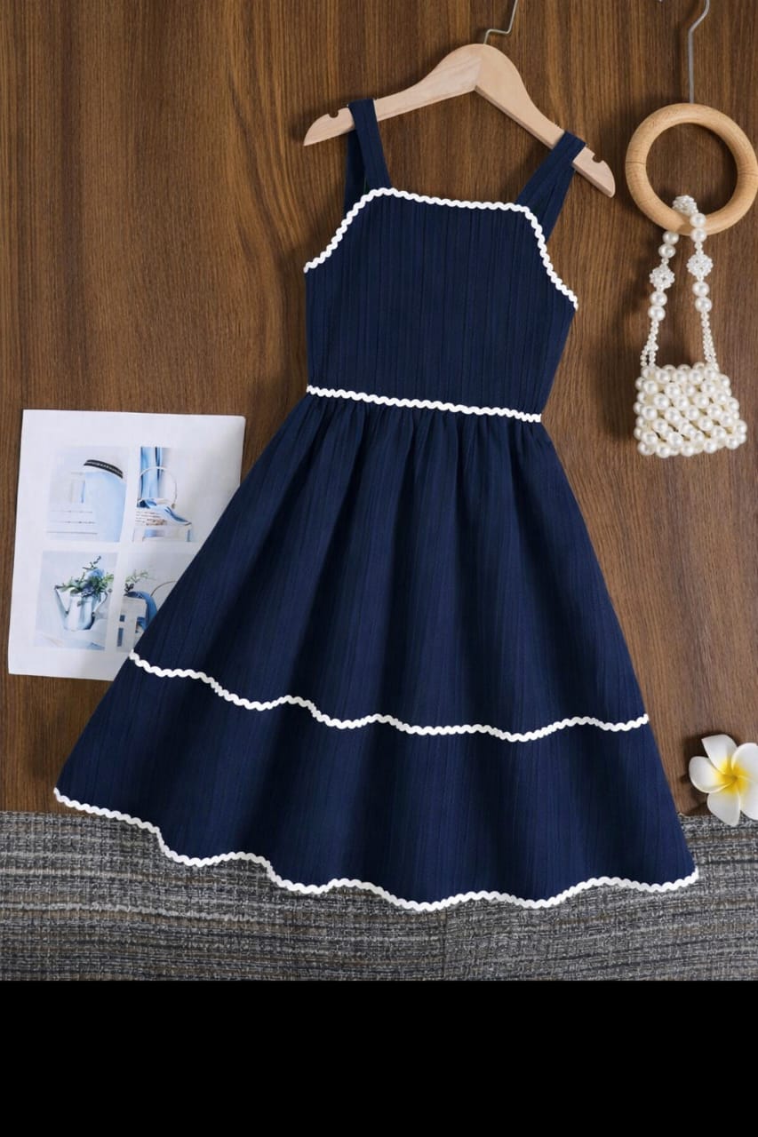 Girls Navy Blue Sleeveless Cotton Slub Frock – Party & Four Seasons