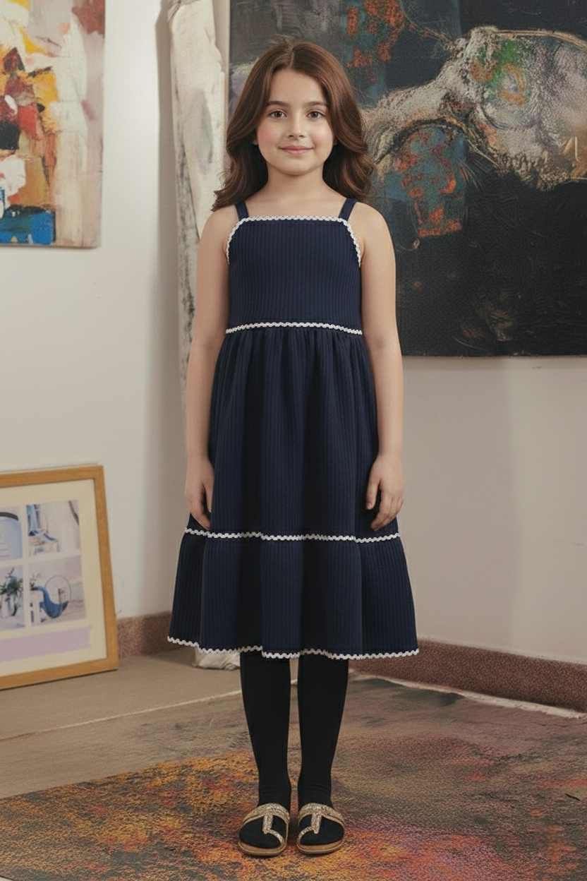 Girls Navy Blue Sleeveless Cotton Slub Frock – Party & Four Seasons