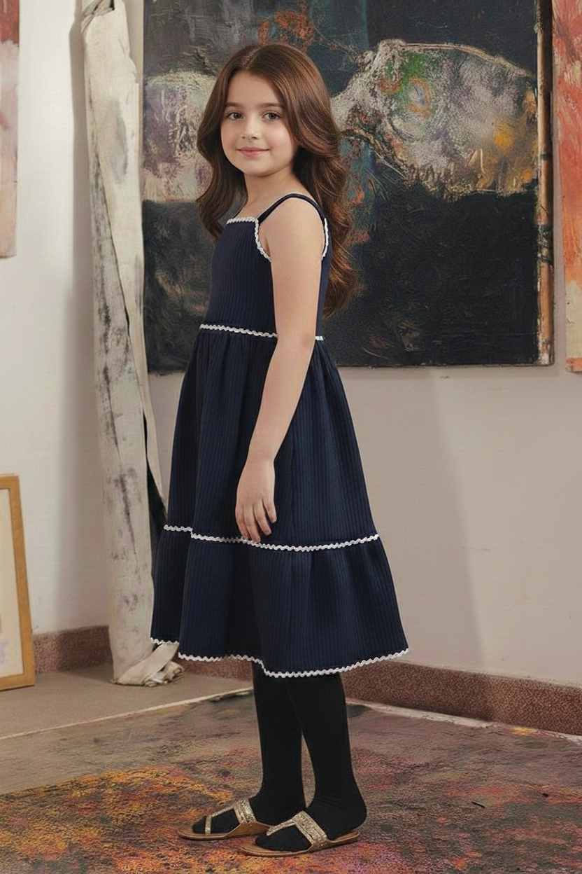 Girls Navy Blue Sleeveless Cotton Slub Frock – Party & Four Seasons