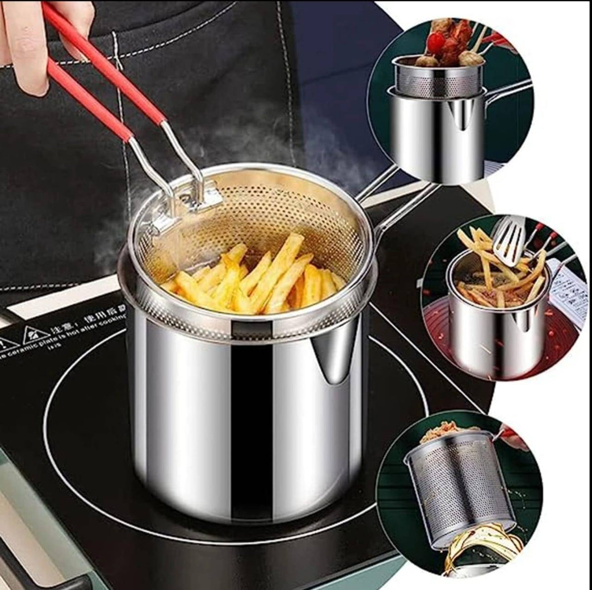 1200ml Stainless Steel Deep Fryer Pot with Strainer Basket