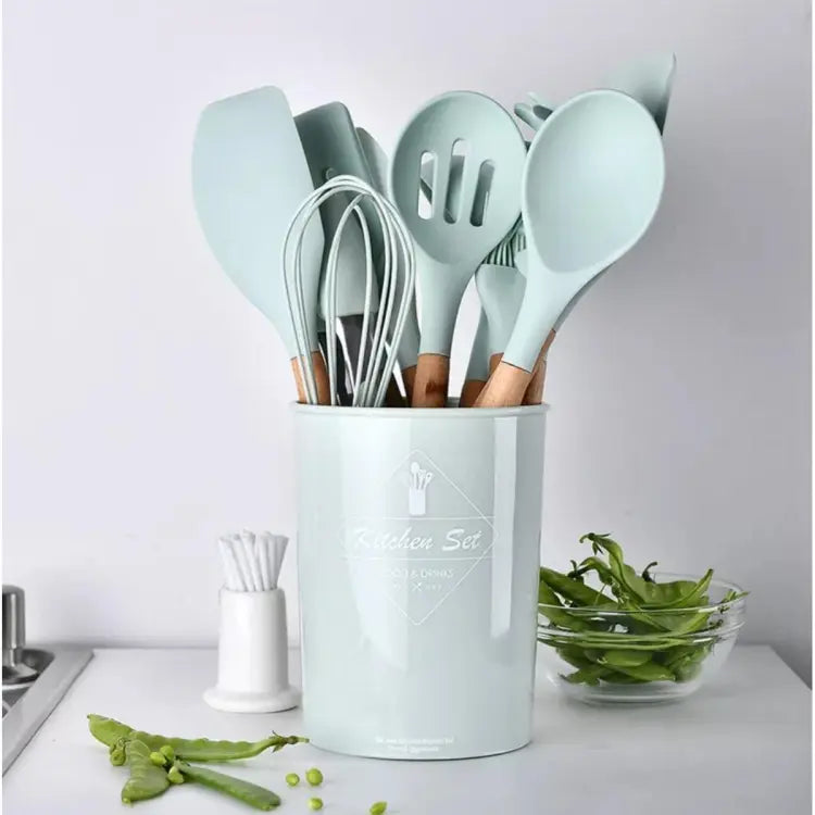 12-Piece Silicone Kitchen Utensil Set with Wooden Handles