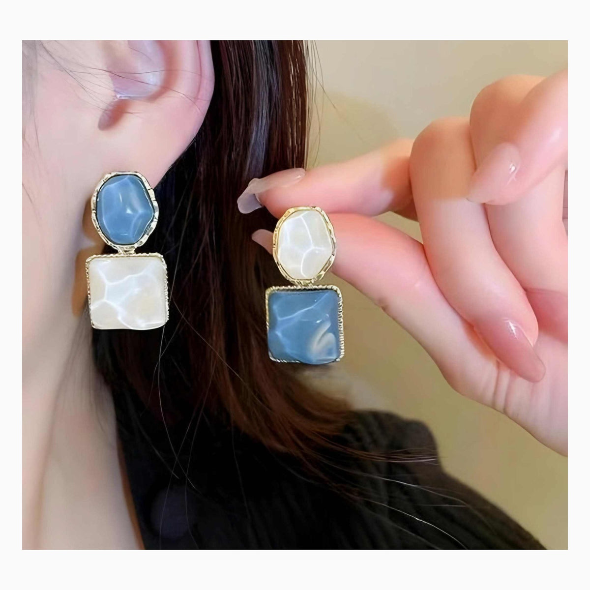 Square product hero - Elegant Blue And White Resin Statement Earrings Timeless Design With A Modern Twist