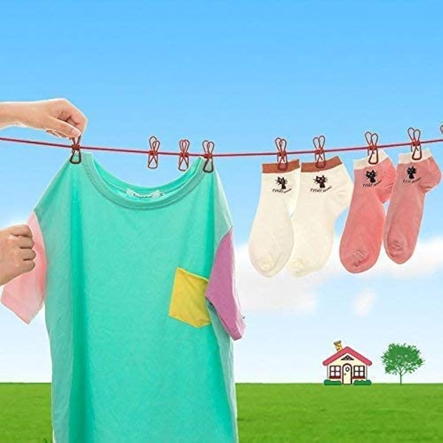 Portable elastic clothesline in use with laundry clips