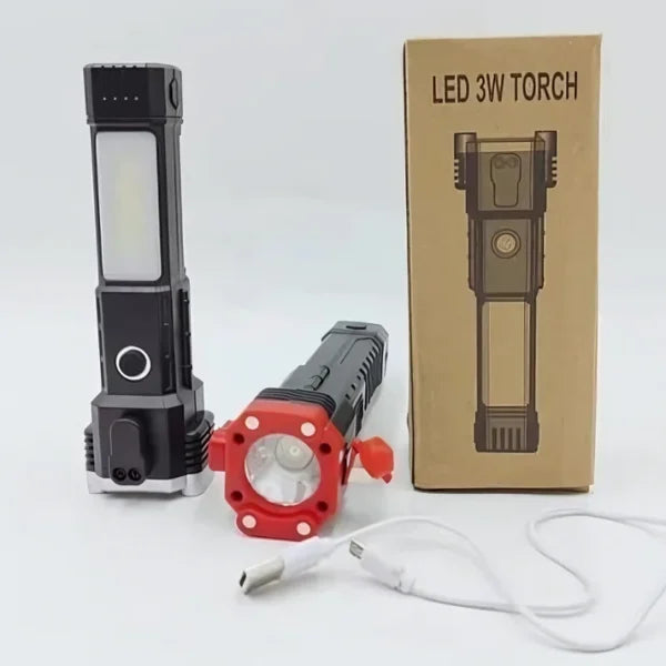 Rechargeable emergency torch with side light and USB cable