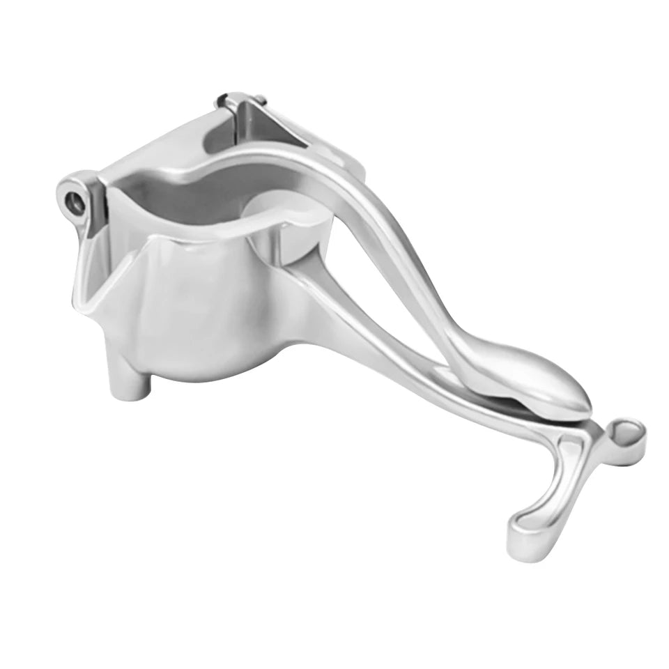 Stainless steel manual fruit squeezer on white background