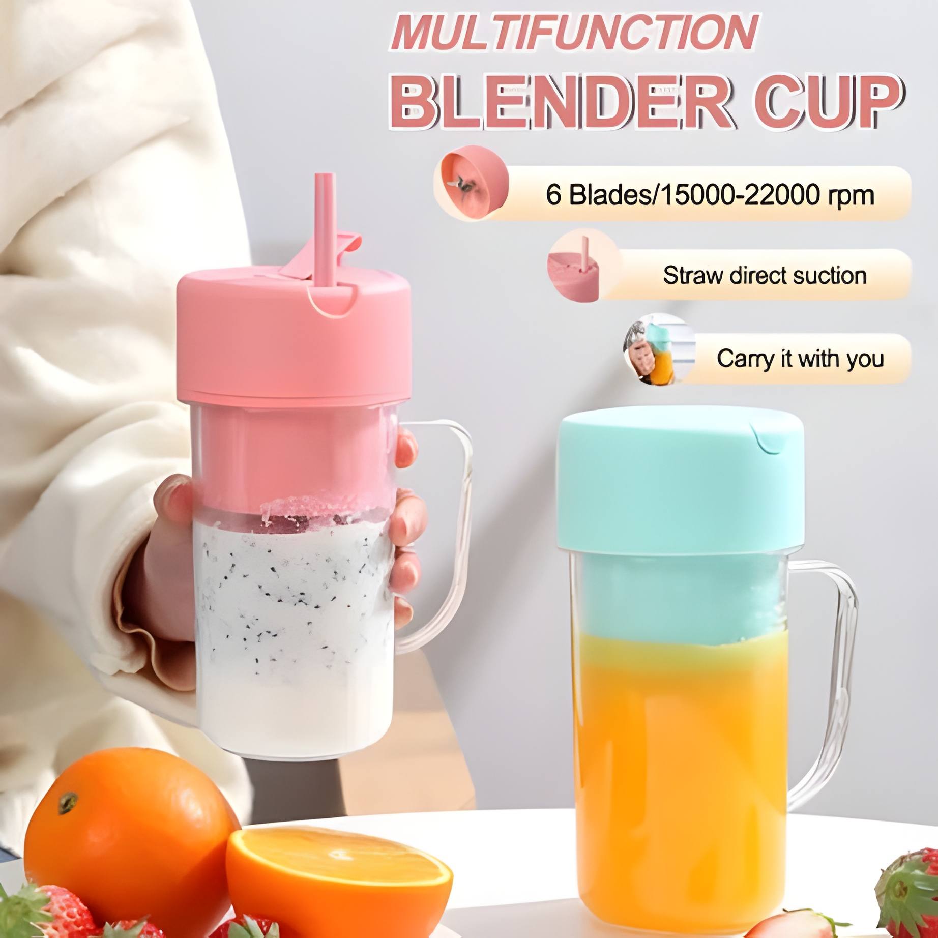 Portable Mini USB Rechargeable Juicer Blender with 6 Rotating Blades and Straw Cup For Effortlessly Blends Fruits, Veggies, and More