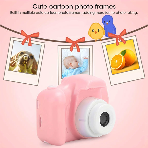 Pink digital camera with cartoon photo frames on a pink background