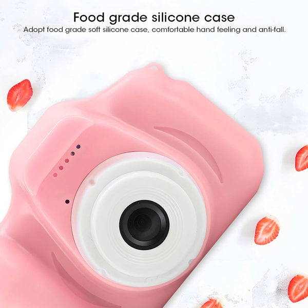 Pink food-grade silicone case with camera cutout on a white background with strawberry slices.