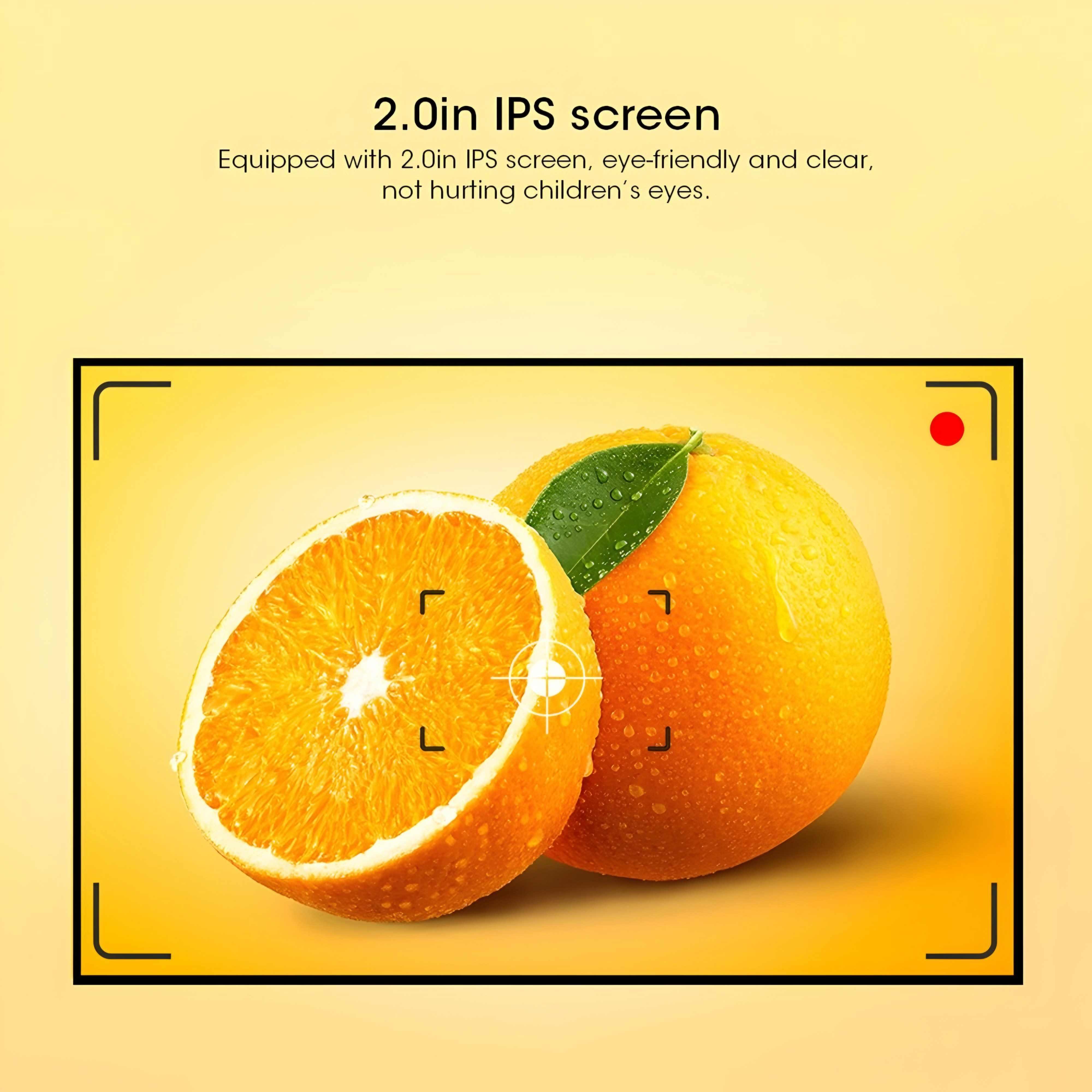 Two oranges with a 2.0in IPS screen feature on a yellow background