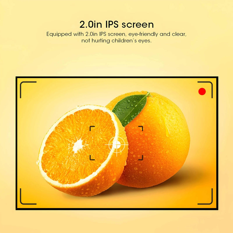 Two oranges with a 2.0in IPS screen feature on a yellow background
