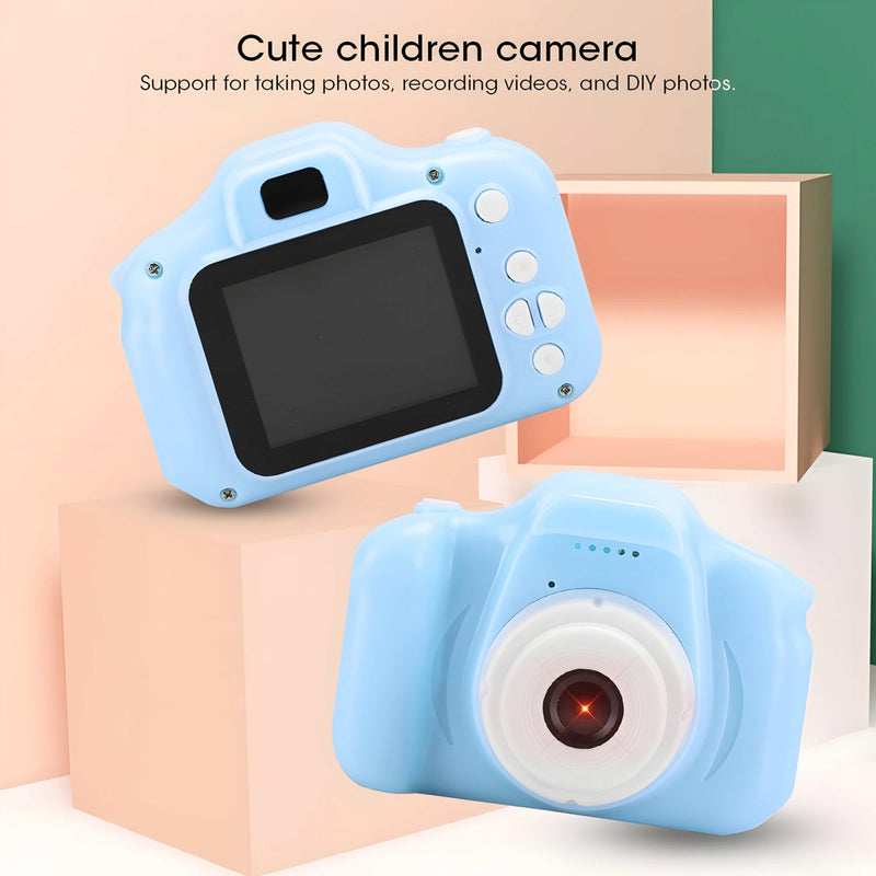 Children's camera with a screen and lens on a pastel background