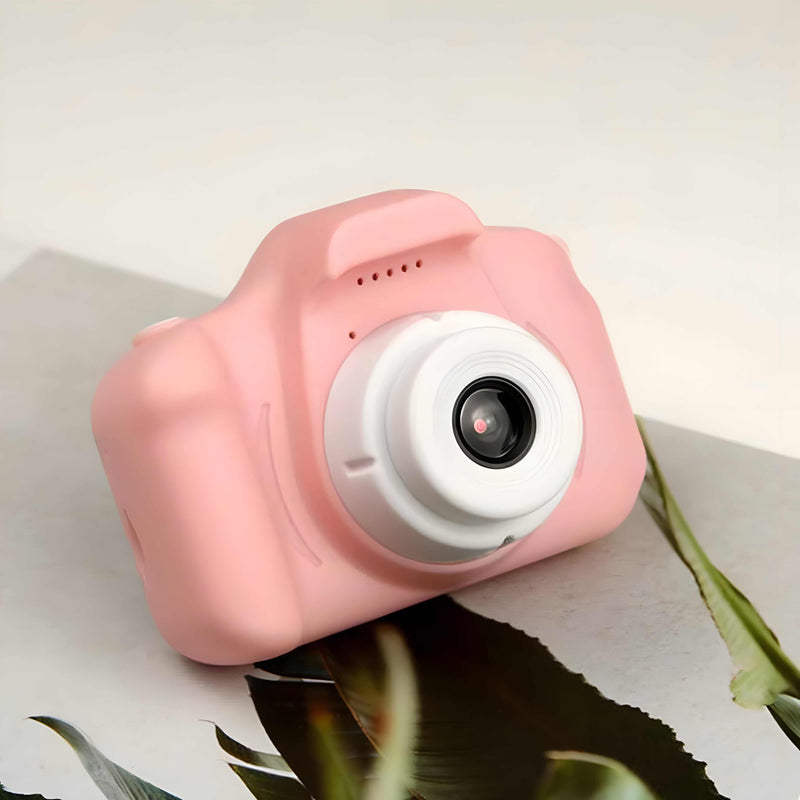Pink toy camera on a light surface with a plant leaf in the foreground
