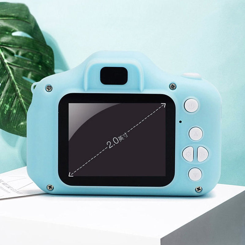 Blue children's camera with a screen on a light blue background