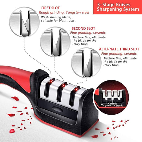 Multi-Function 3 Stages Type Knife Sharpener Handheld with Non-Slip Base for Ceramic Steel and Knives