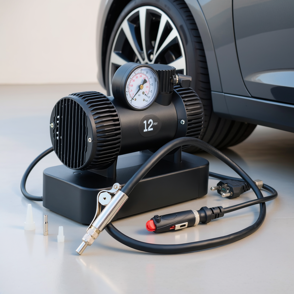 Portable 12V tyre inflator connected to a car tyre