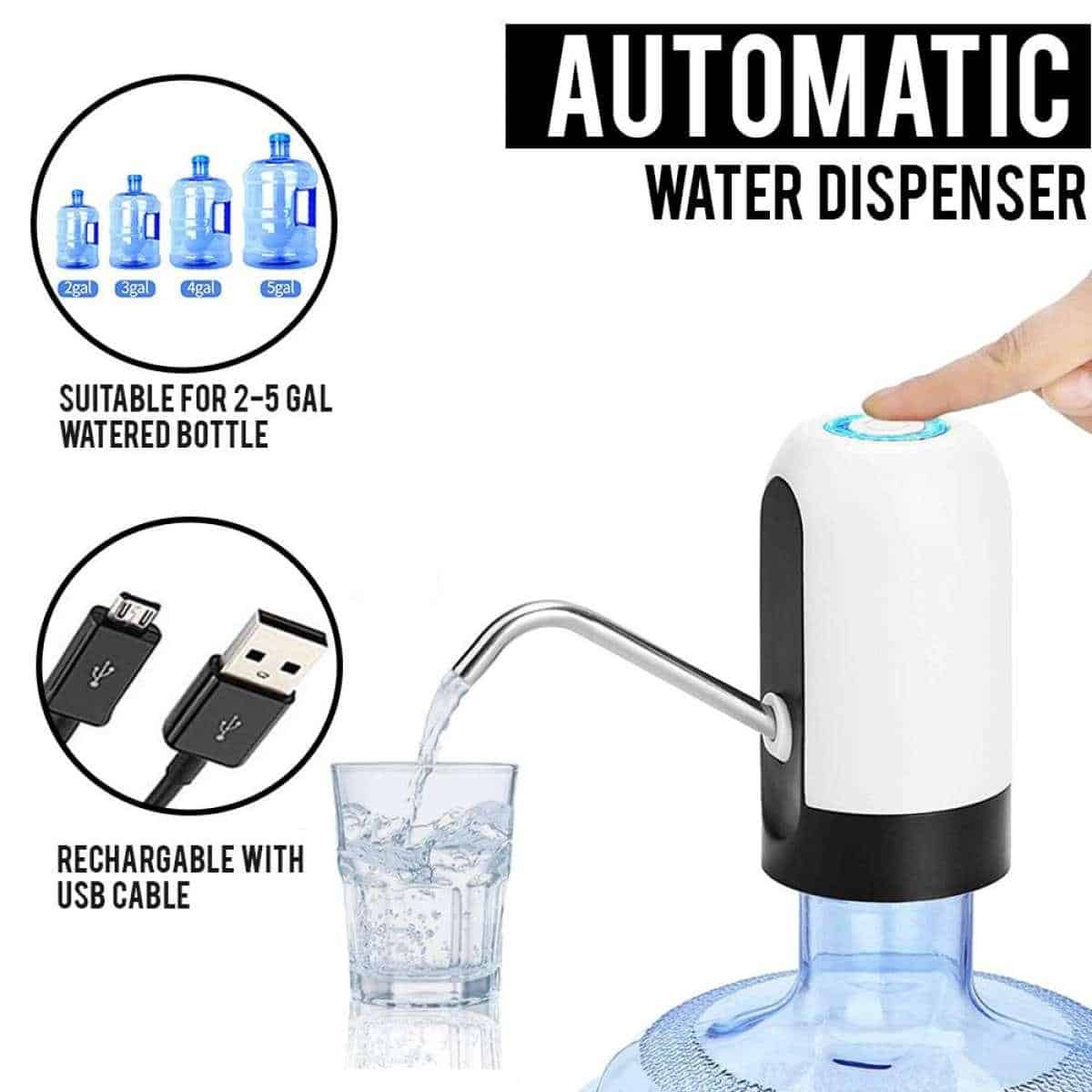 Automatic water dispenser with USB charging cable and water being poured into a glass.