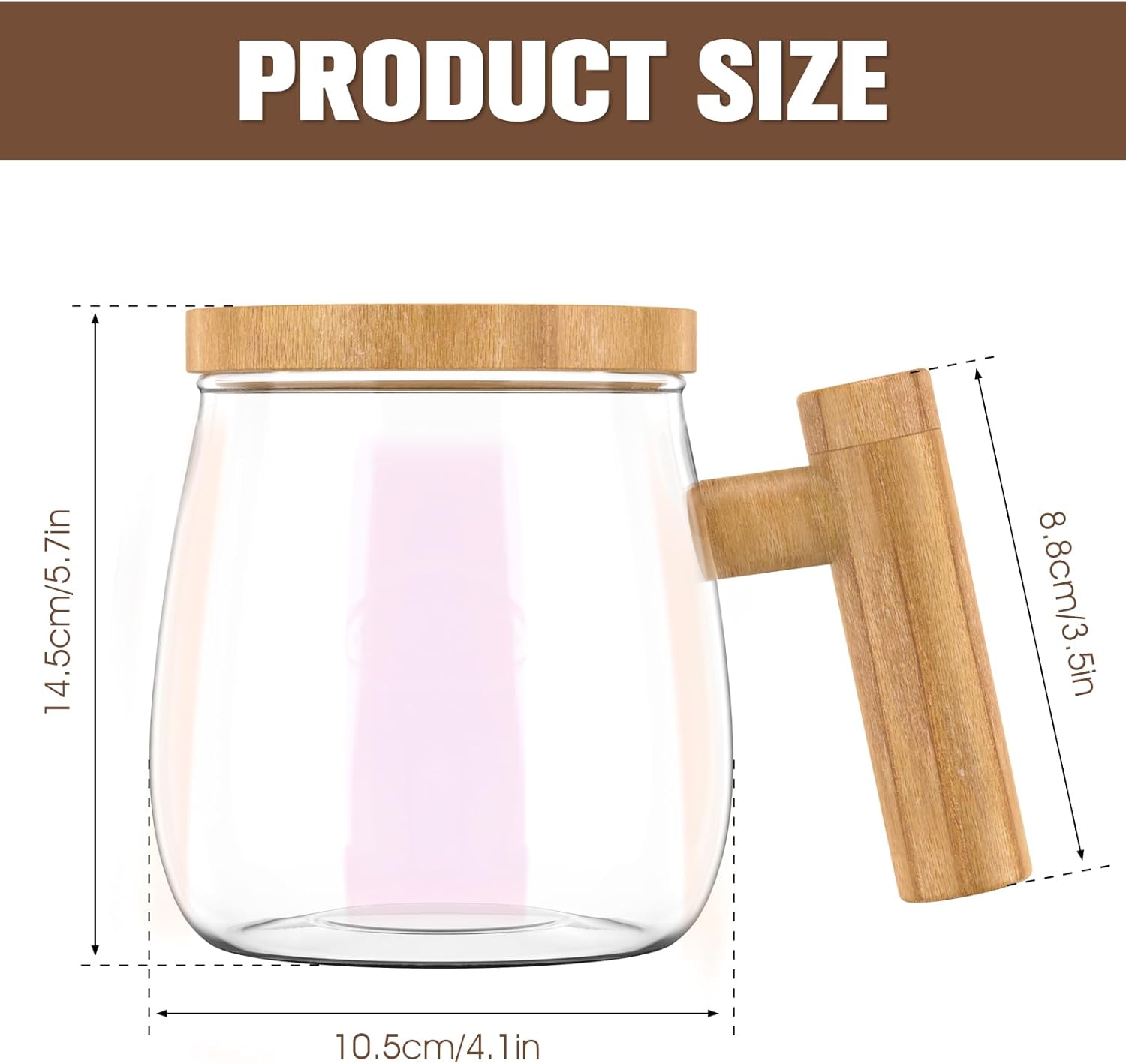 Glass mug with wooden handle and lid, showing measurements on a white background.