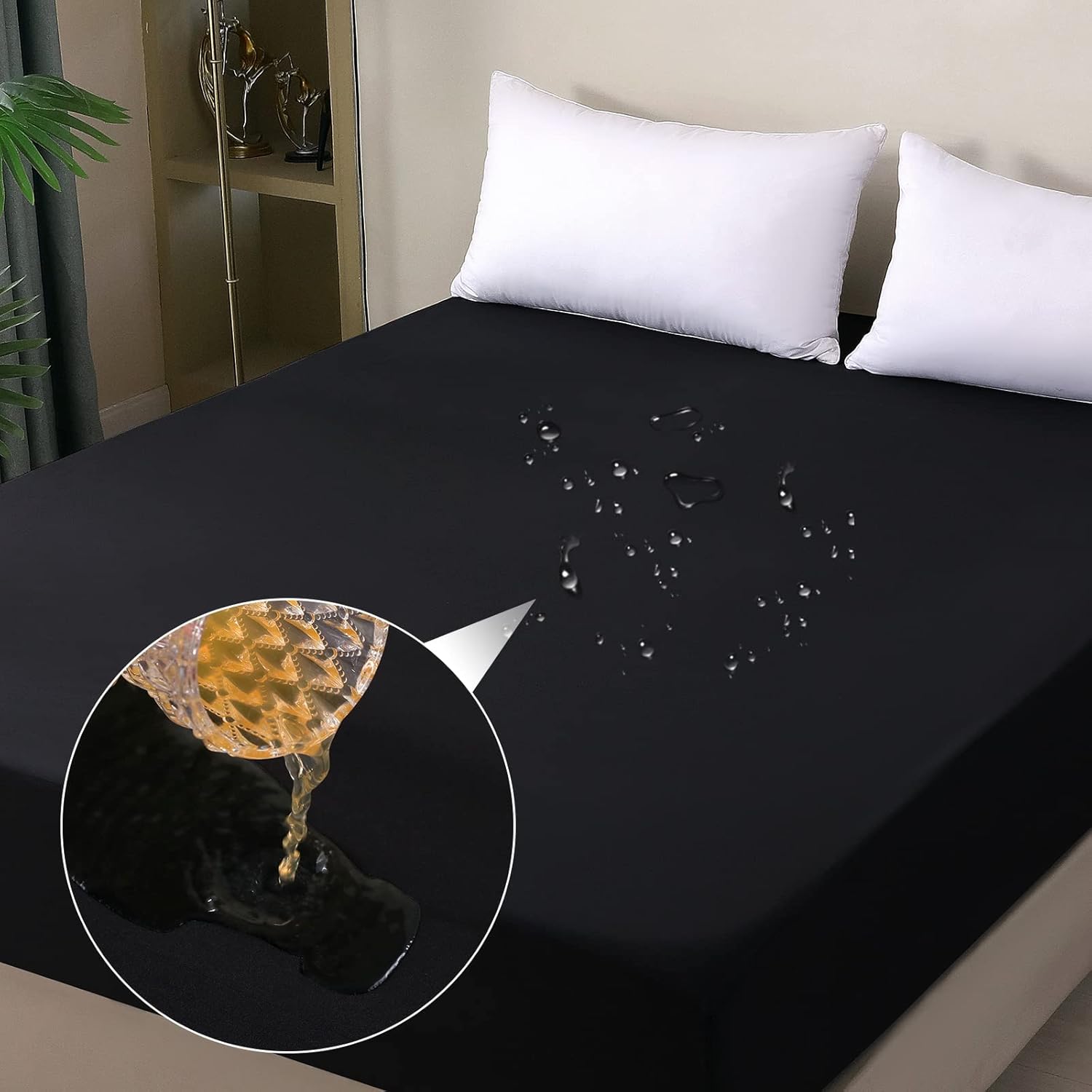 Black bedsheet with water droplets and a close-up inset showing water absorption.