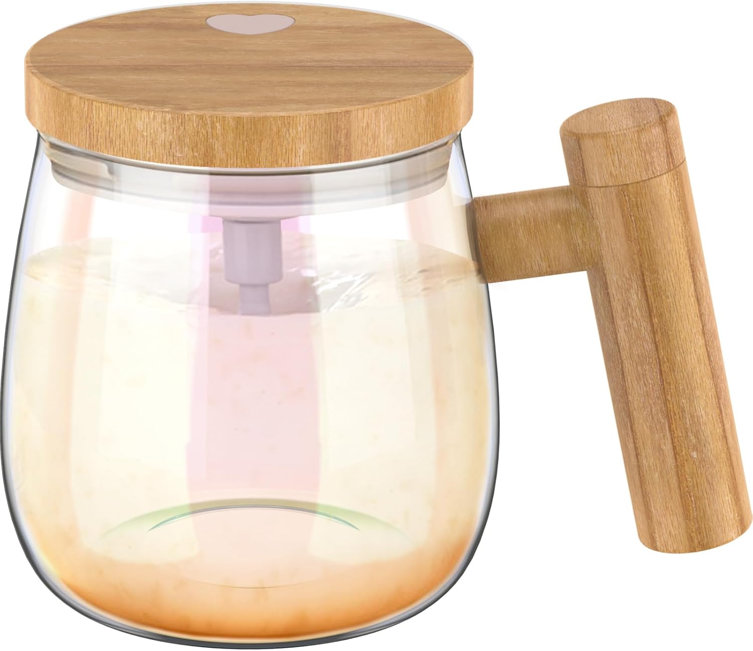 Glass mug with wooden lid and handle on a white background