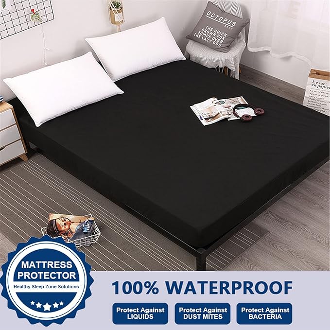Black mattress protector on a bed with a visible brand logo and text about its features.