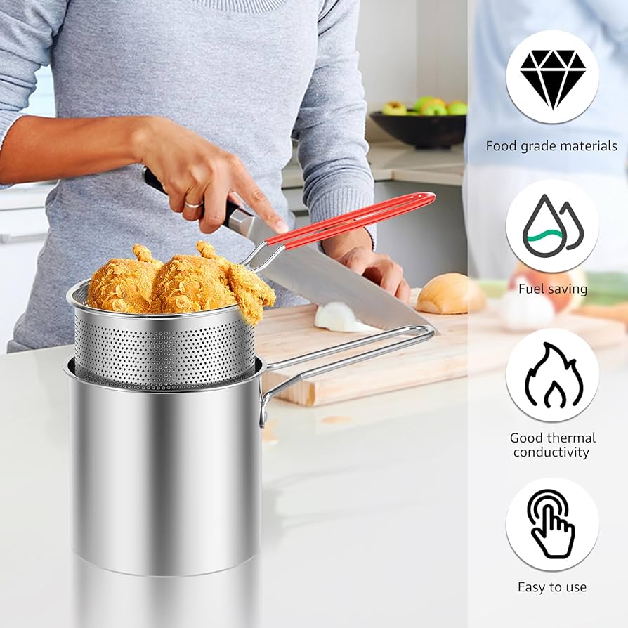 1200ml Stainless Steel Deep Fryer Pot with Strainer Basket