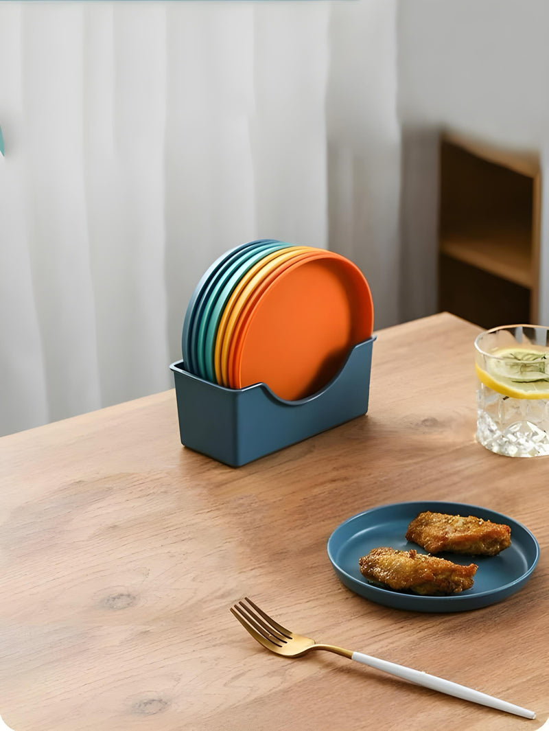 8 Pcs Round Plates Set With Holder (Random Color)