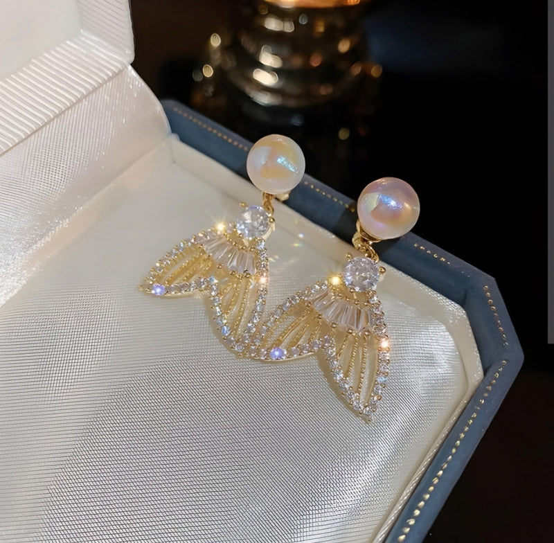 Fishtail Luxury Sparkling Crystal Rhinestones Pearl Earrings For Women Girls