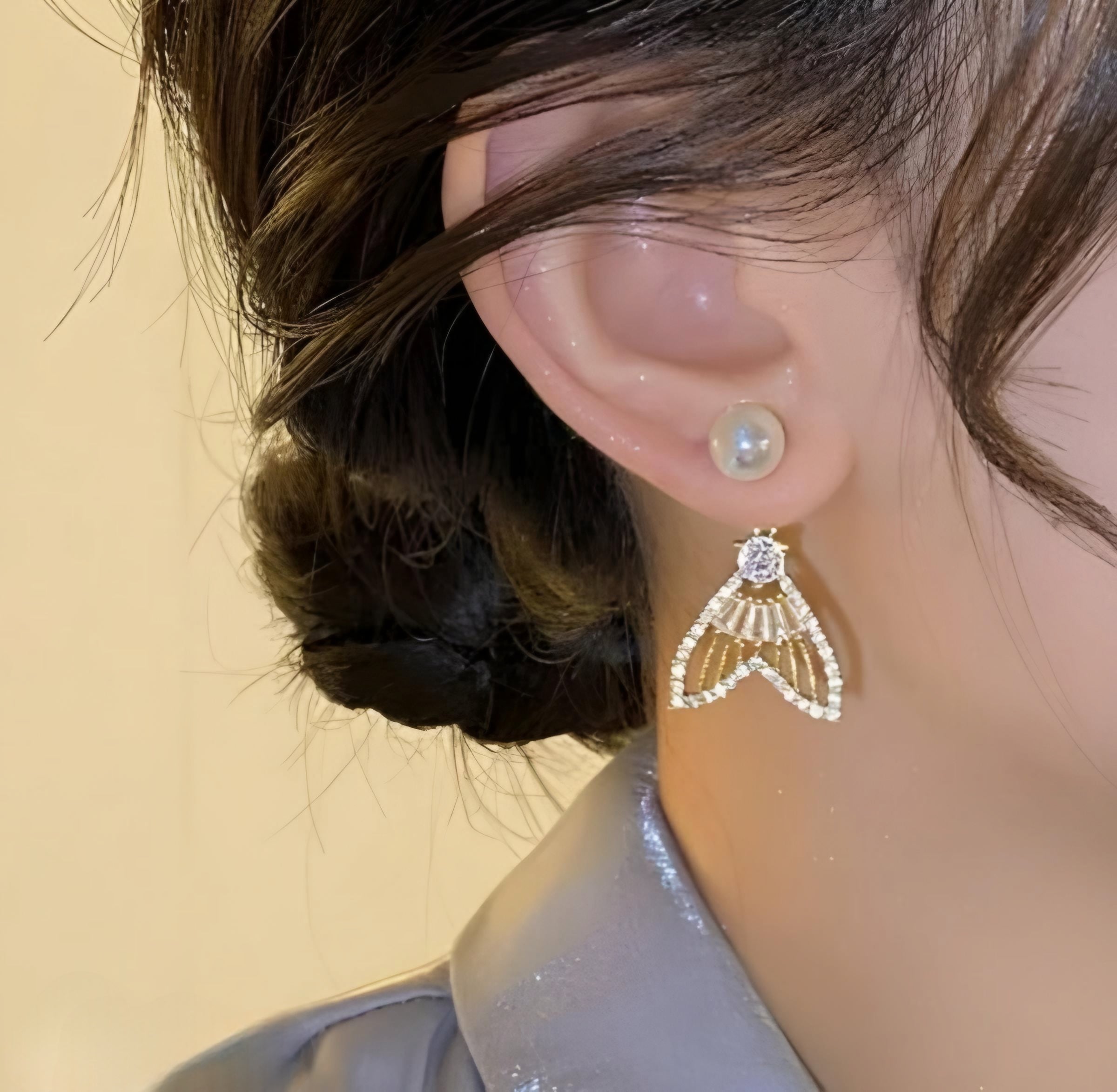 Golden Fishtail Luxury Sparkling Crystal Rhinestones Pearl Earrings For Women 