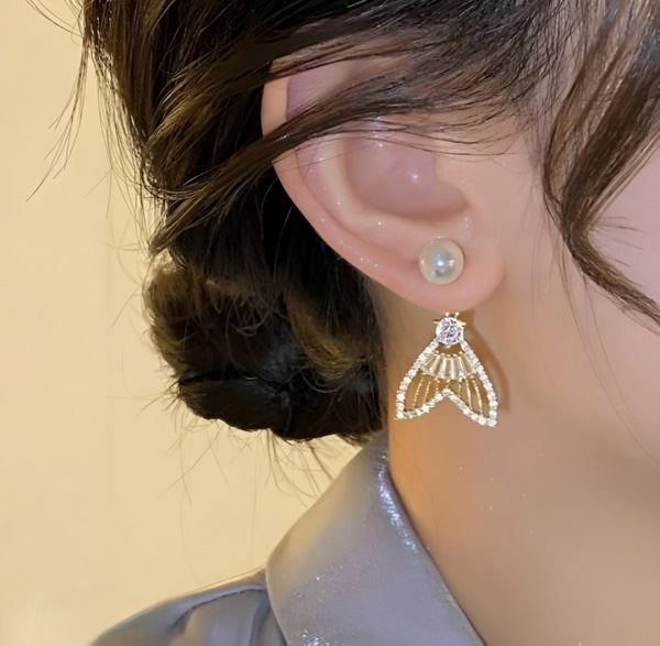 Golden Fishtail Luxury Sparkling Crystal Rhinestones Pearl Earrings For Women 