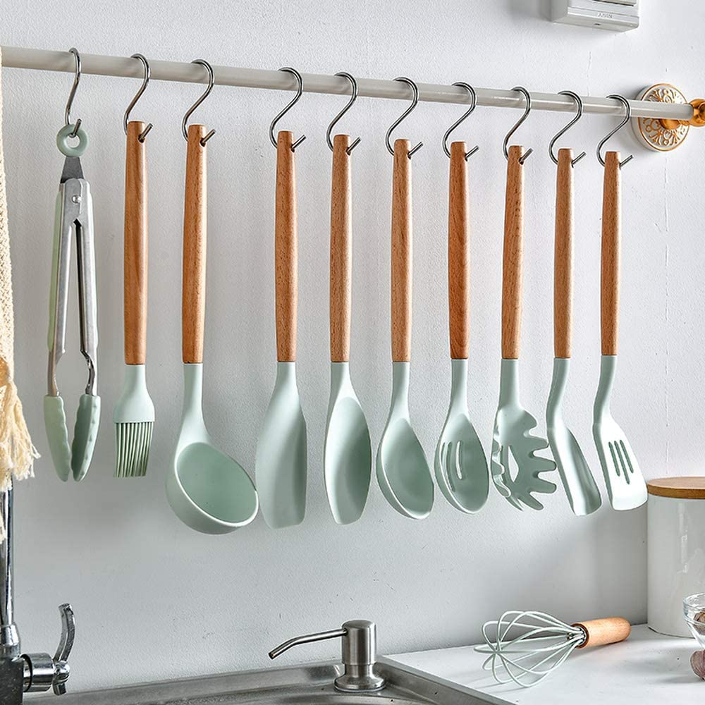 12-Piece Silicone Kitchen Utensil Set with Wooden Handles