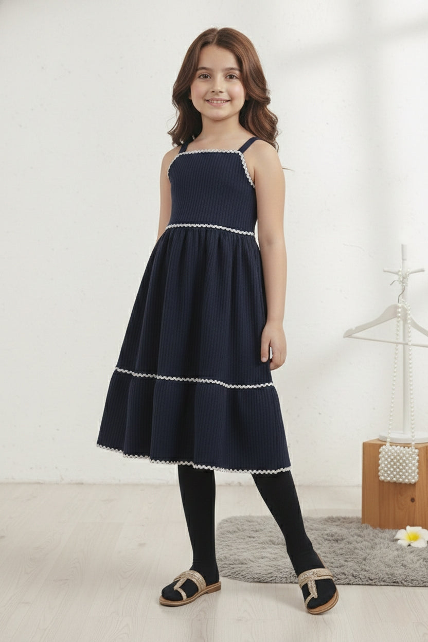 Girls Navy Blue Sleeveless Cotton Slub Frock – Party & Four Seasons