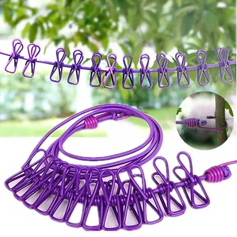 Portable Clothesline 185CM with 12pcs Clips for Home Backyard Hotel Balcony Clothes Drying Line, Outdoor Indoor Use