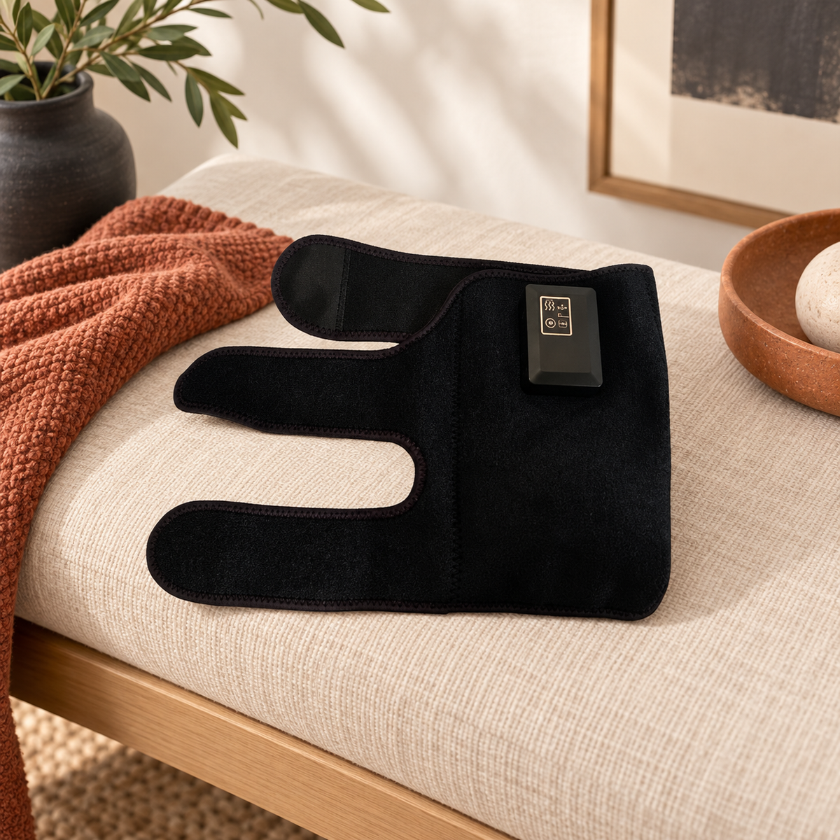 Heated knee massager on linen bench