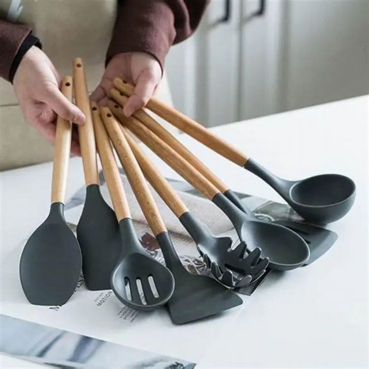 12-Piece Silicone Kitchen Utensil Set with Wooden Handles
