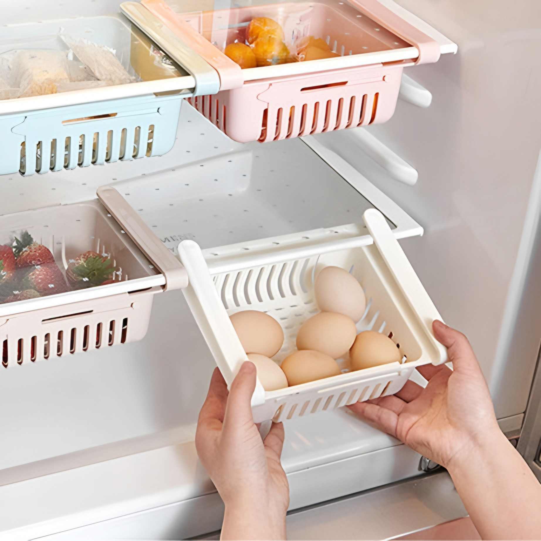 Adjustable Fridge Storage Basket Racks & Sliding Tray