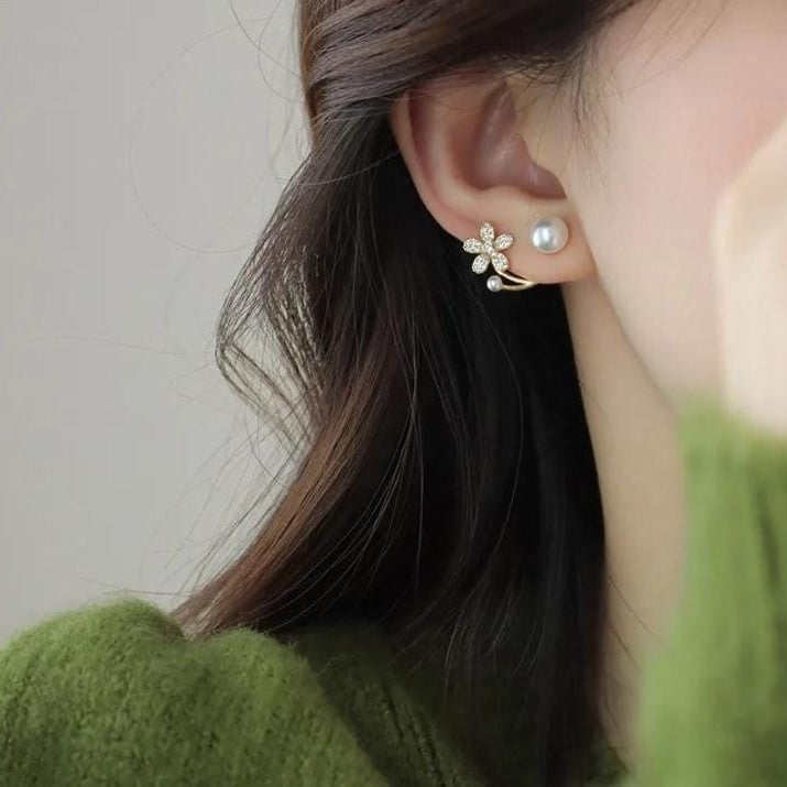 Square product hero - Korean Zircon Flower Pearl Front Back Earrings For Girls