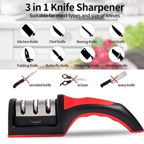 Multi-Function 3 Stages Type Knife Sharpener Handheld with Non-Slip Base for Ceramic Steel and Knives
