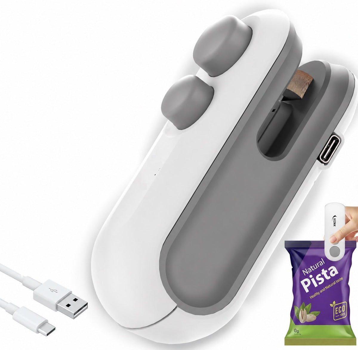 Rechargeable grey and white bag sealer and cutter with USB cable